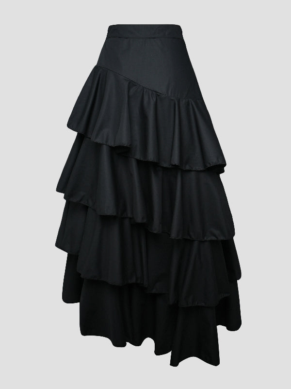 A-Line High Waisted Falbala Solid Color Long Skirts Skirts Bottoms