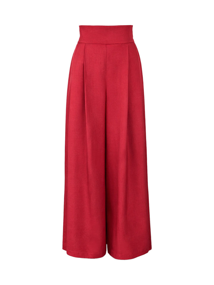 Elasticated Waist High Waisted Big Hemline Pleated Pockets Solid Color Zipper Wide Leg Pants
