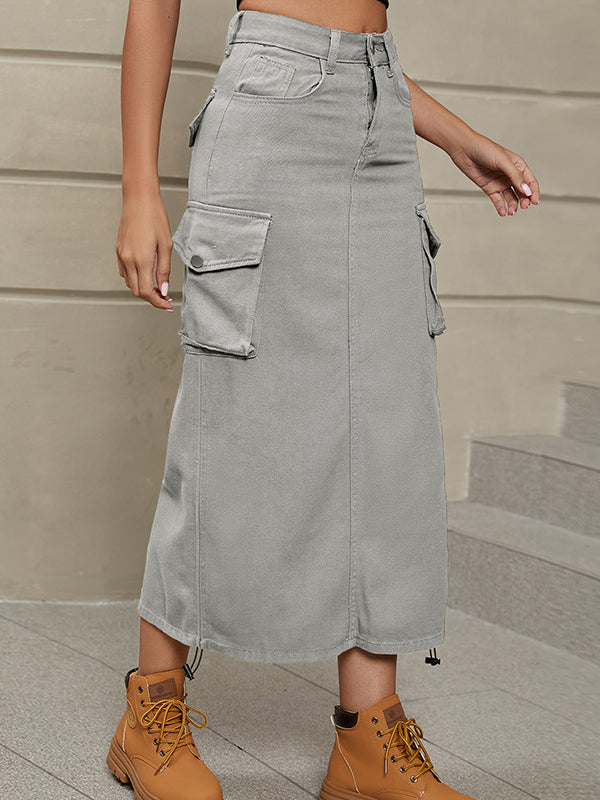 A-Line Buttoned Drawstring Pockets Solid Color Split-Side Skirts Bottoms