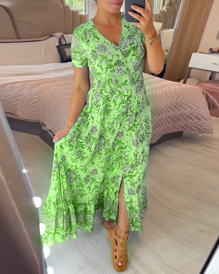 Ellie - Elegant Floral V-Neck Pleated Hem Dress