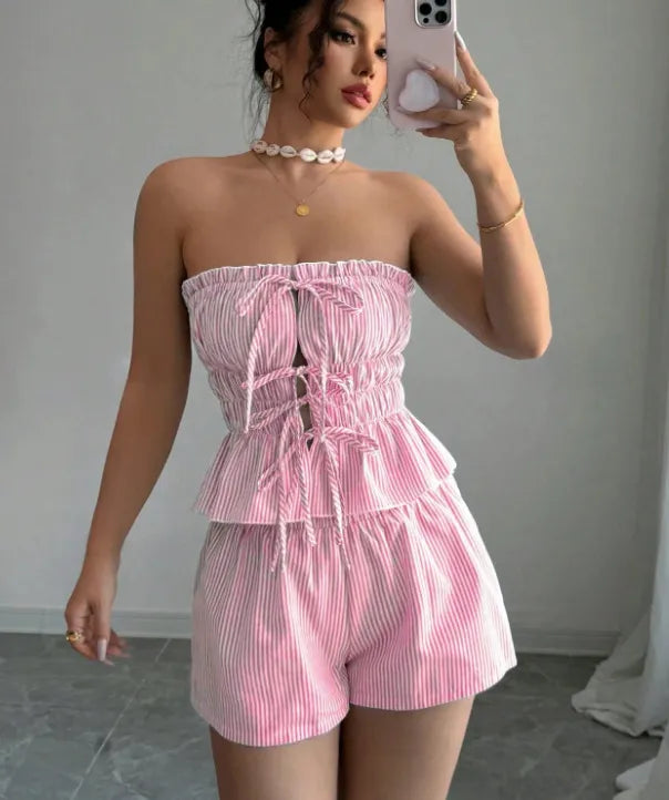 Women’s Striped Two Piece Set Ruffle Top Shorts