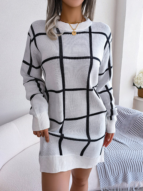 Elasticated Waist Long Sleeves Belted Contrast Color Plaid Round-Neck Mini Dresses Sweater Dresses