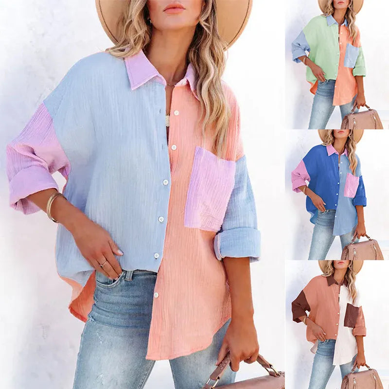 Women’s Drop-Shoulder Patchwork Shirt – Color-Contrast Long Sleeve Crepe Top