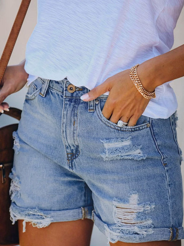 Loose Hollow Ripped Split-Joint Denim Shorts