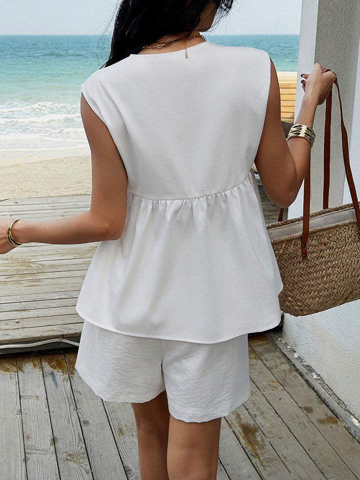 Solid Color Elasticity Pleated Ruffled Split-Joint Tied V-Neck Sleeveless Blouses&Shirts Tops + Shorts Two Pieces Set