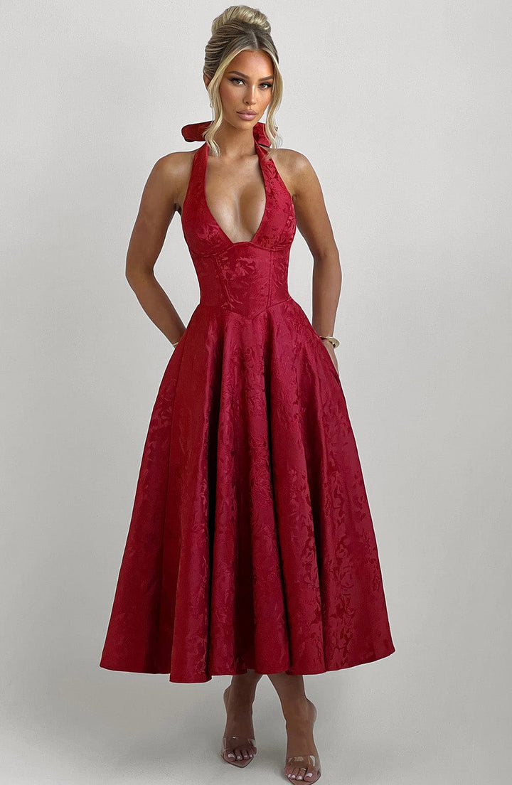 Renata - Jacquard Lace-Up Waist Maxi
