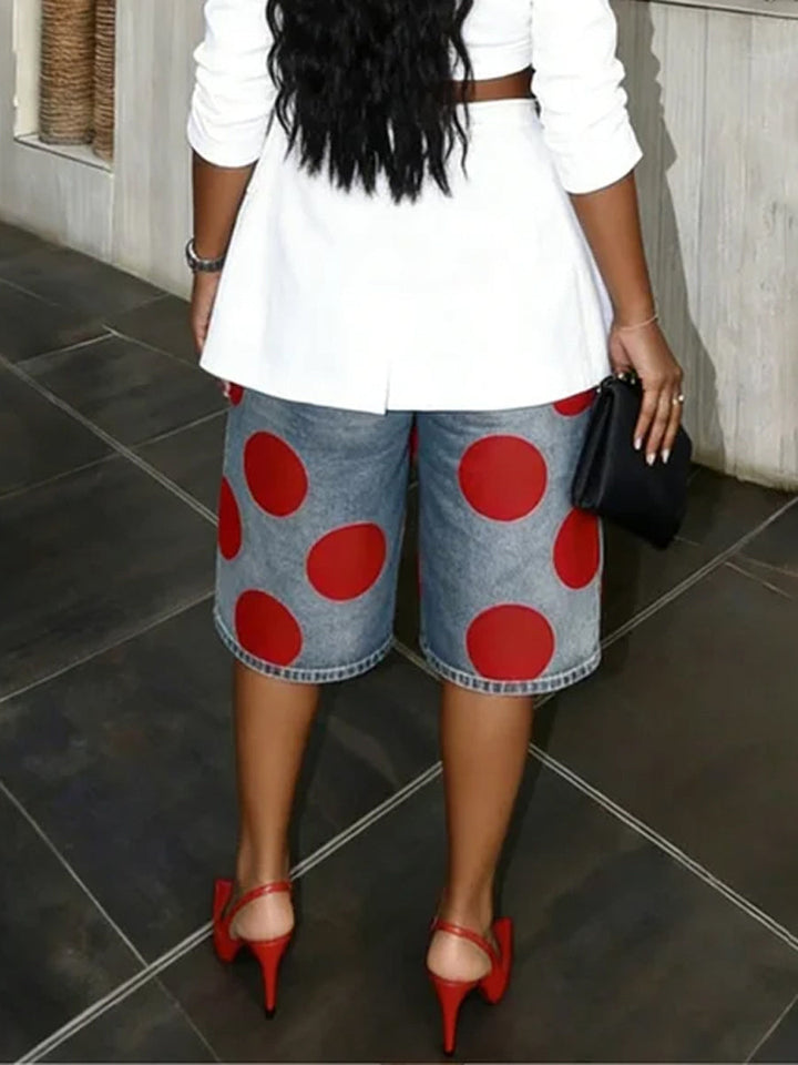 High Waisted Loose Pockets Polka-Dot Denim Shorts