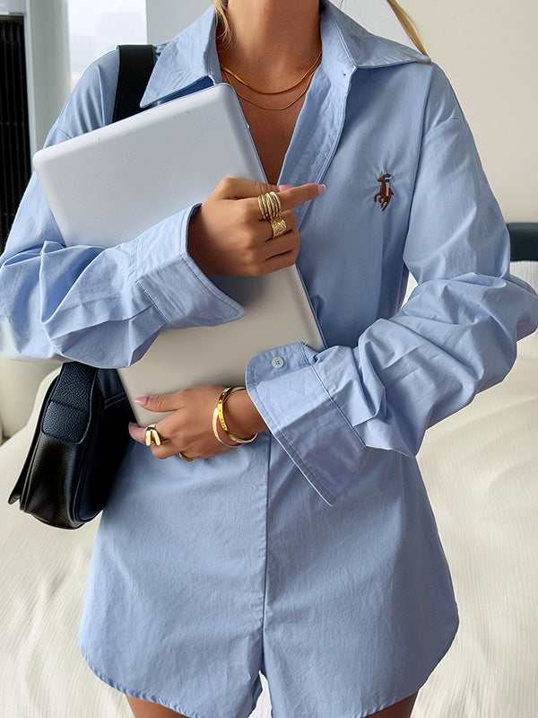 High Waisted Long Sleeves Buttoned Pleated Solid Color Split-Joint Lapel Rompers