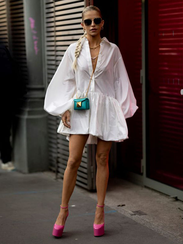 Puff Sleeves Buttoned Solid Color Split-Joint Lapel Mini Dresses Shirt Dress