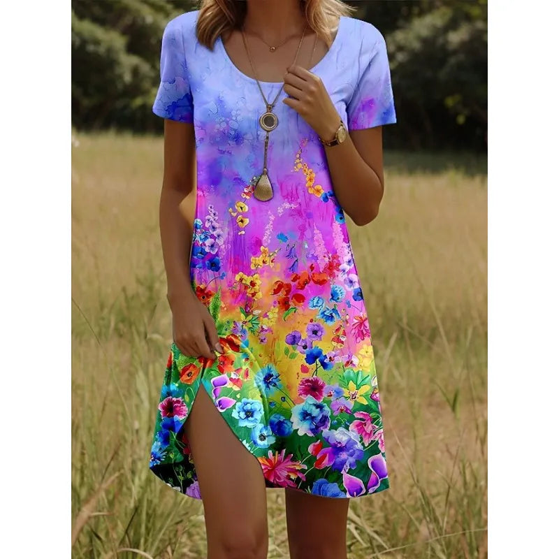 Women’s Printed Round Neck Short Sleeve Dress – Artistic Peacock & Floral Design