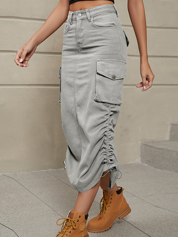 A-Line Buttoned Drawstring Pockets Solid Color Split-Side Skirts Bottoms