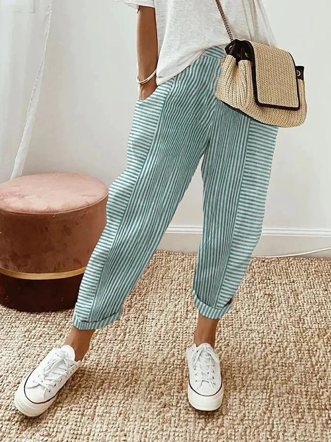 Classic Striped Cotton Trousers – Lightweight Breathable Pants for Elegant Everyday & Work Styling