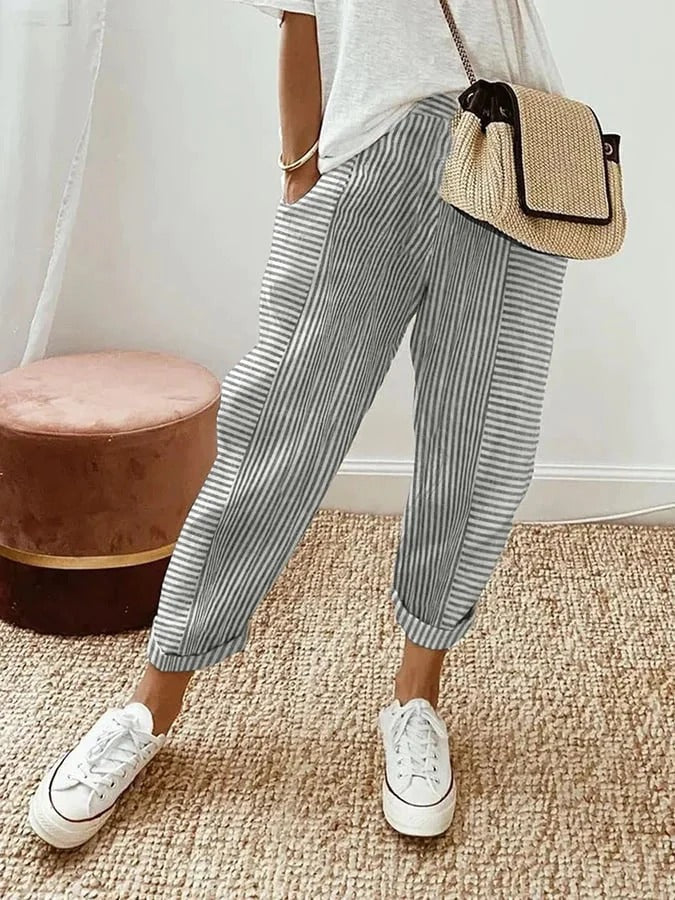 Classic Striped Cotton Trousers – Lightweight Breathable Pants for Elegant Everyday & Work Styling