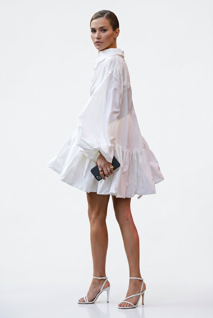 Puff Sleeves Buttoned Solid Color Split-Joint Lapel Mini Dresses Shirt Dress