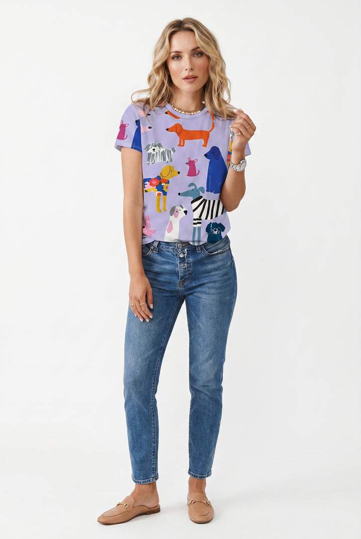 Women’s Dog Print Graphic T-Shirt – Casual Stylish Cotton Tee for Everyday Wear