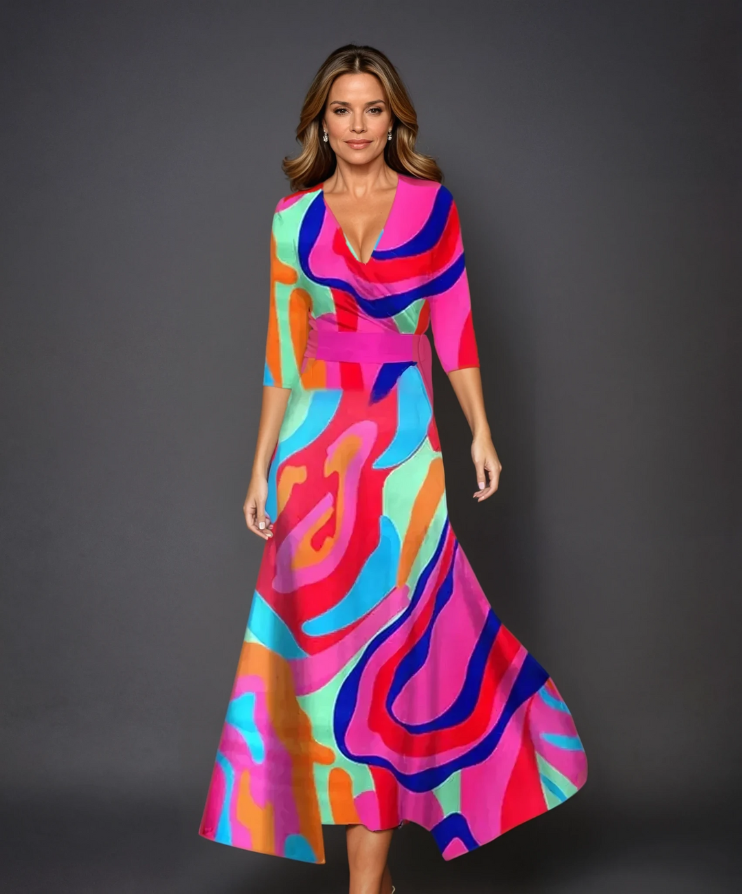 Emily - Printed High Waist Midi Dress with Mid Sleeves