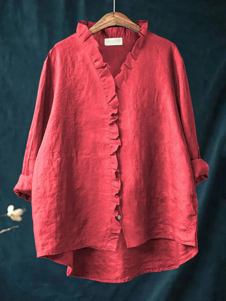 Ruffle Detail Cotton Linen Shirt – Lightweight Breathable Top for Elegant Everyday Styling