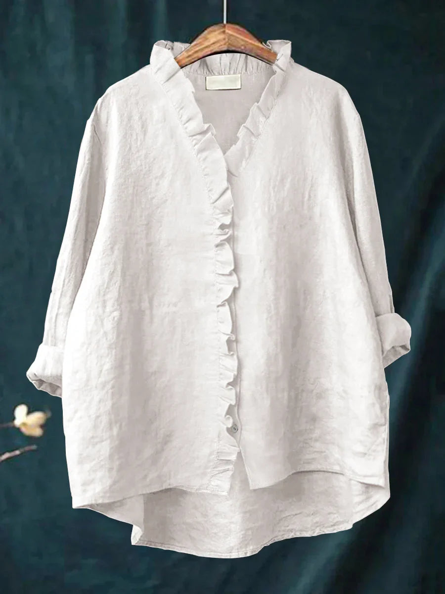 Ruffle Detail Cotton Linen Shirt – Lightweight Breathable Top for Elegant Everyday Styling