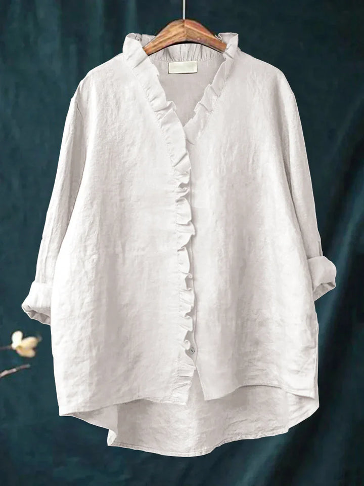 Ruffle Detail Cotton Linen Shirt – Lightweight Breathable Top for Elegant Everyday Styling