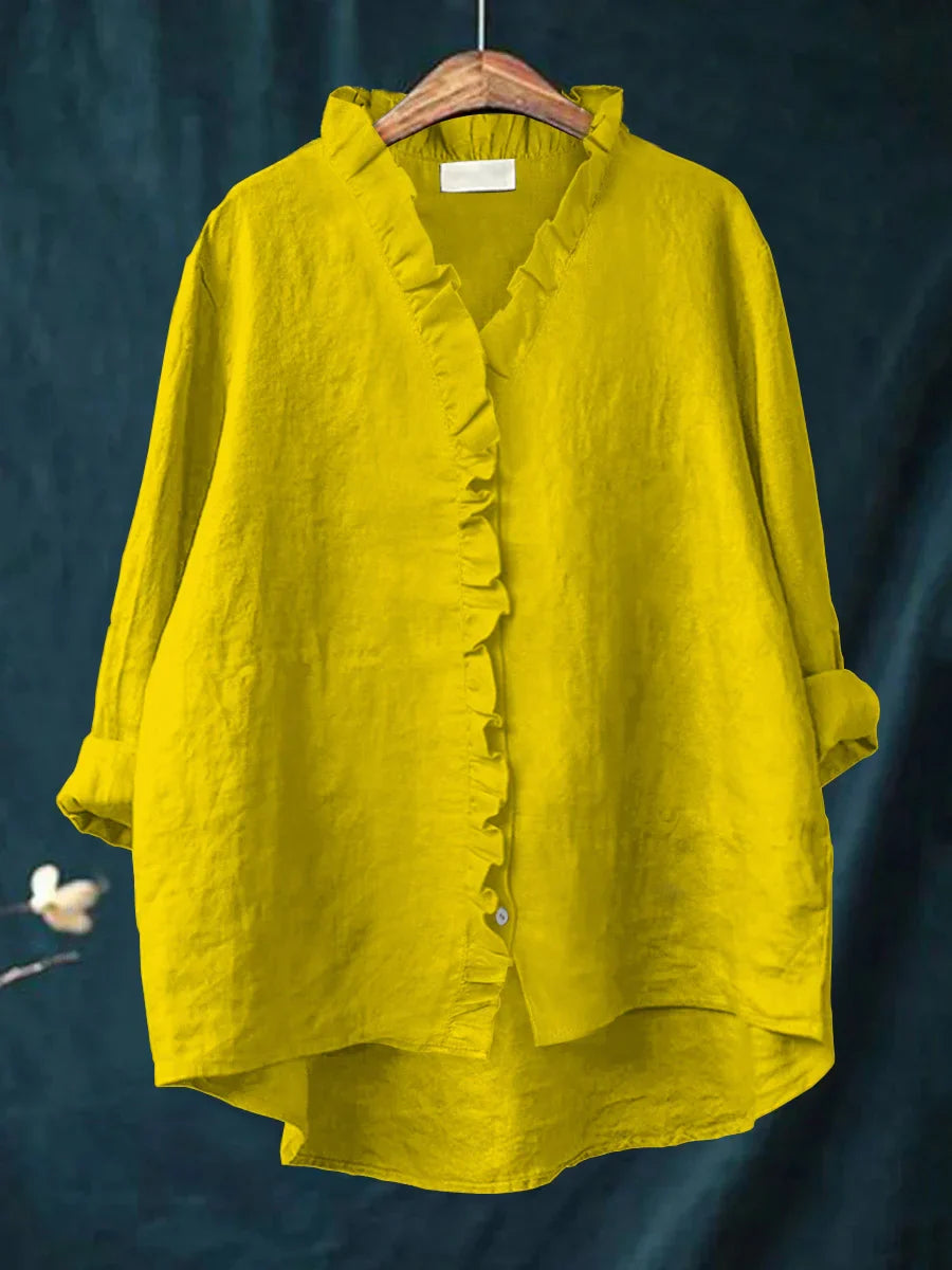 Ruffle Detail Cotton Linen Shirt – Lightweight Breathable Top for Elegant Everyday Styling