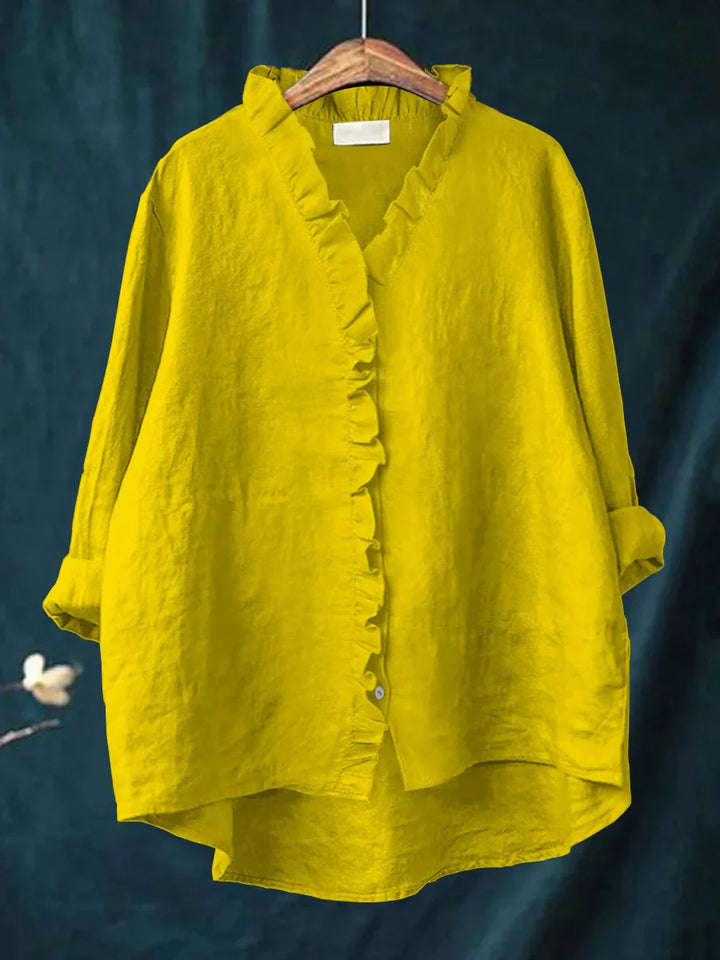 Ruffle Detail Cotton Linen Shirt – Lightweight Breathable Top for Elegant Everyday Styling