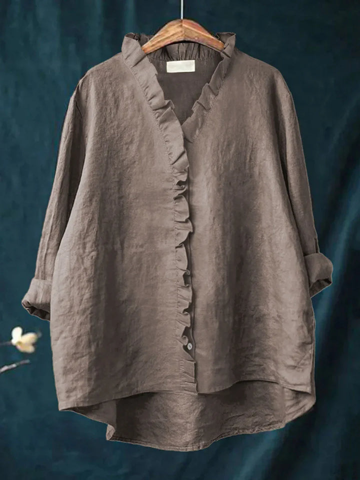 Ruffle Detail Cotton Linen Shirt – Lightweight Breathable Top for Elegant Everyday Styling