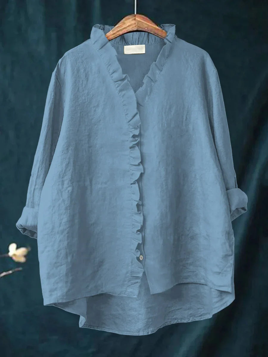 Ruffle Detail Cotton Linen Shirt – Lightweight Breathable Top for Elegant Everyday Styling
