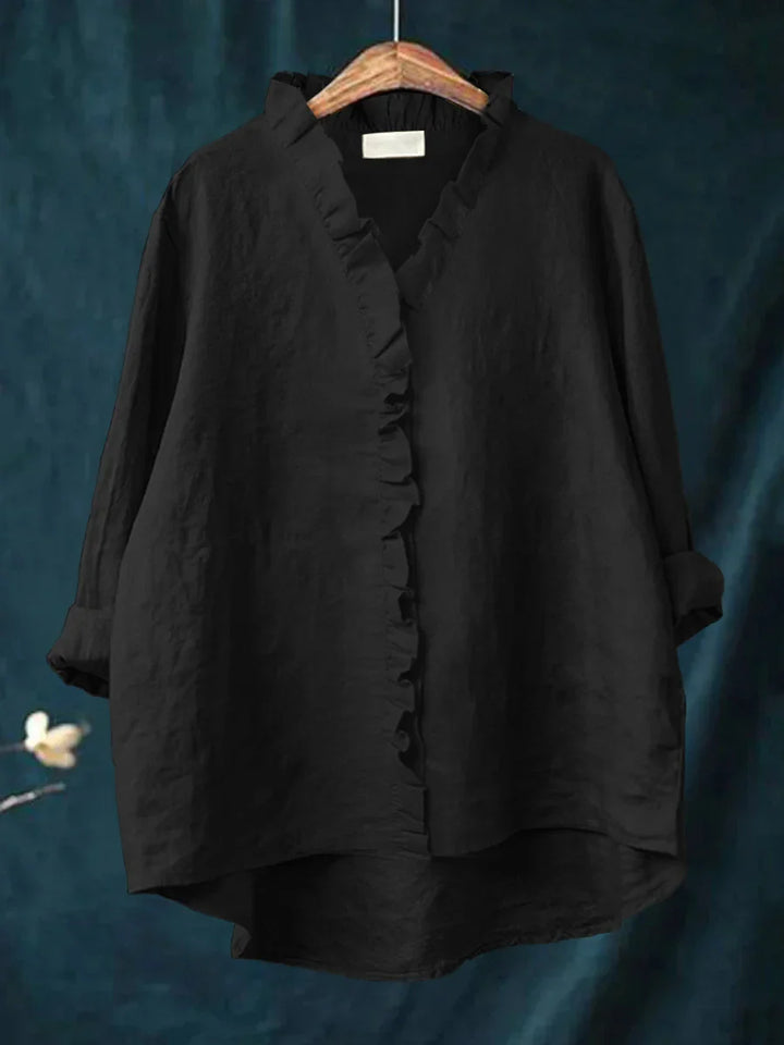 Ruffle Detail Cotton Linen Shirt – Lightweight Breathable Top for Elegant Everyday Styling