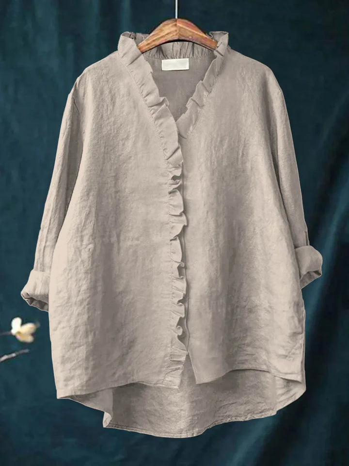 Ruffle Detail Cotton Linen Shirt – Lightweight Breathable Top for Elegant Everyday Styling