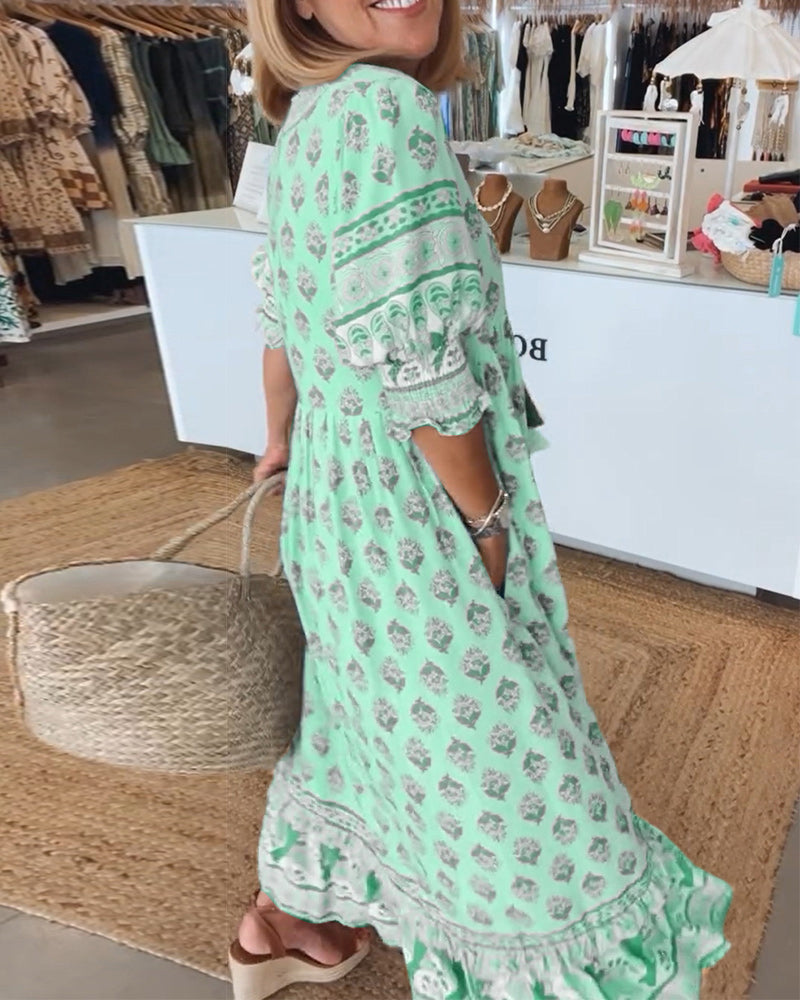 KINSLEY – LONG LANTERN SLEEVE BOHEMIAN DRESS