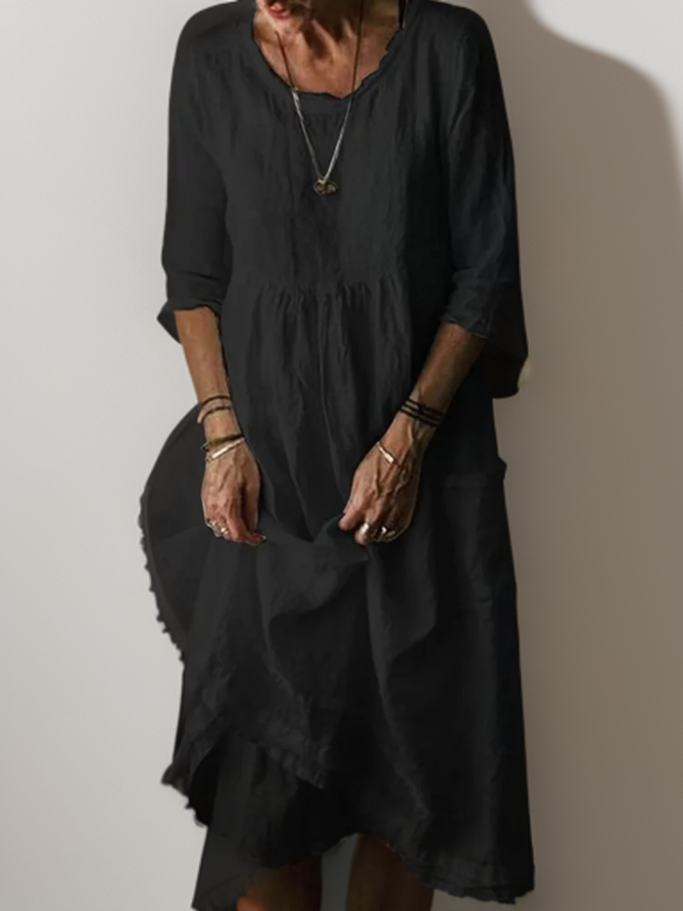 Katie - Summer Pleated Cotton Linen Midi Dress