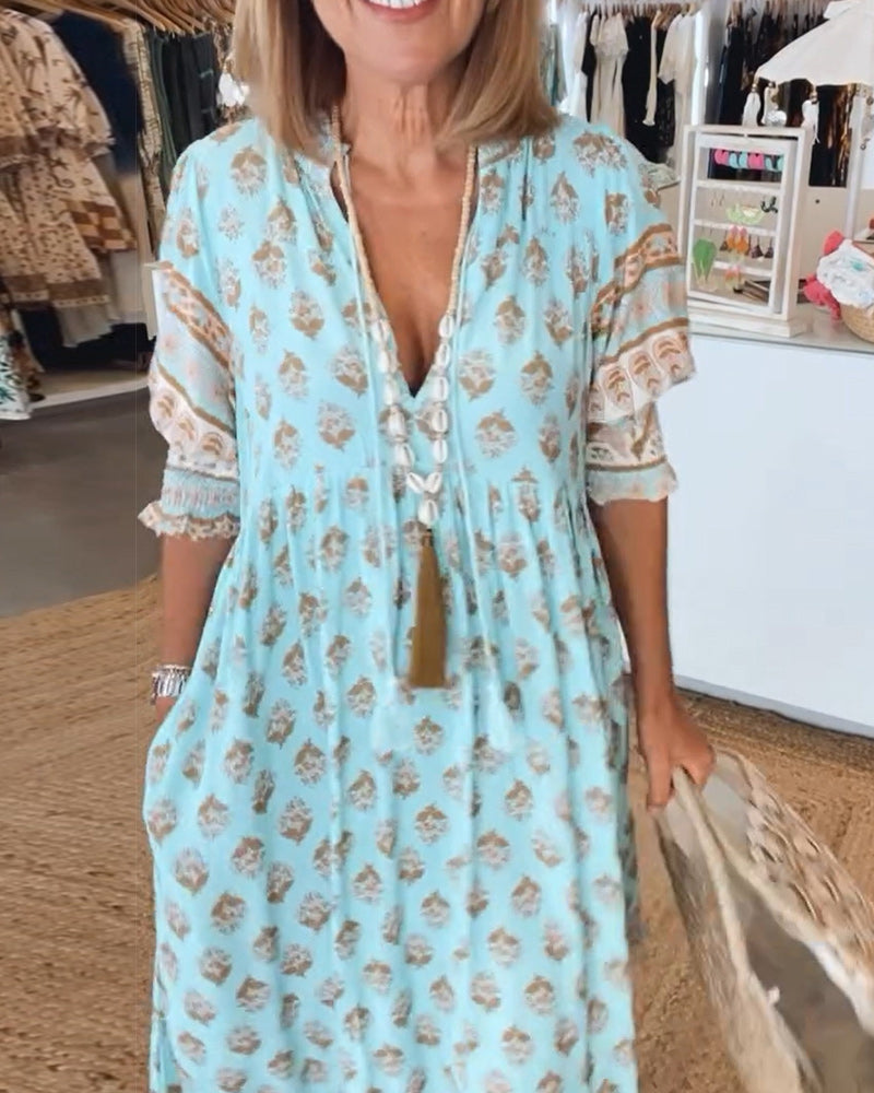 KINSLEY – LONG LANTERN SLEEVE BOHEMIAN DRESS