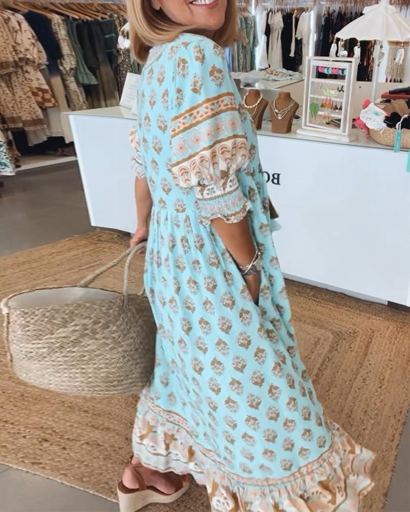 KINSLEY – LONG LANTERN SLEEVE BOHEMIAN DRESS
