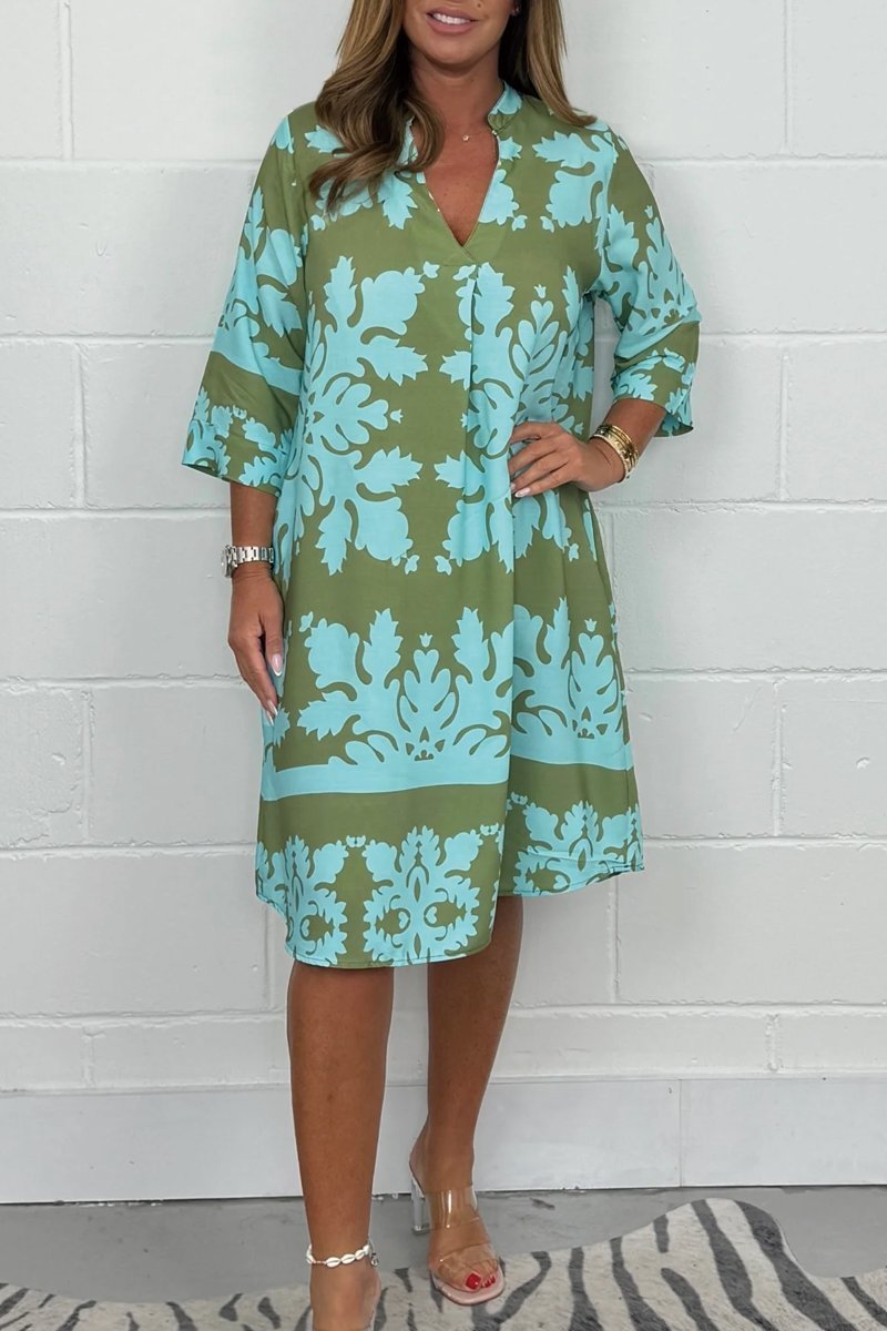 Kenzie - Bohemian Retro Print V-neck Cropped Sleeves Dress