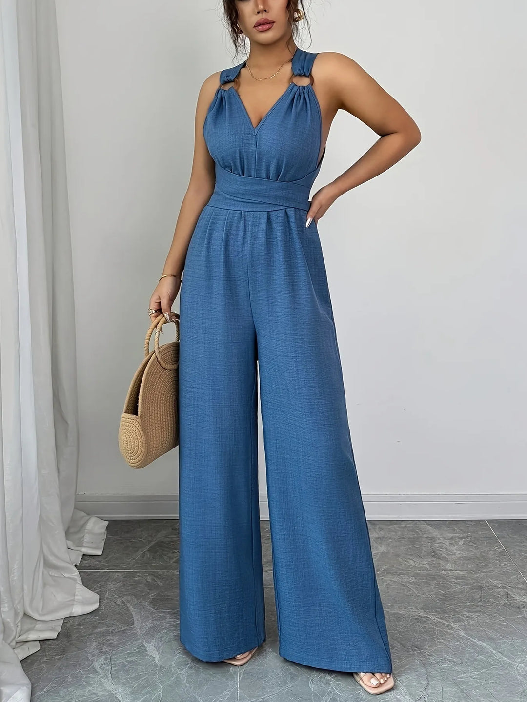 Women’s V Neck Backless Jumpsuit Wide Leg Elegant
