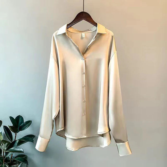 Silky Satin Button-Up Shirt – Elegant Smooth Finish Blouse for Work & Evening Styling