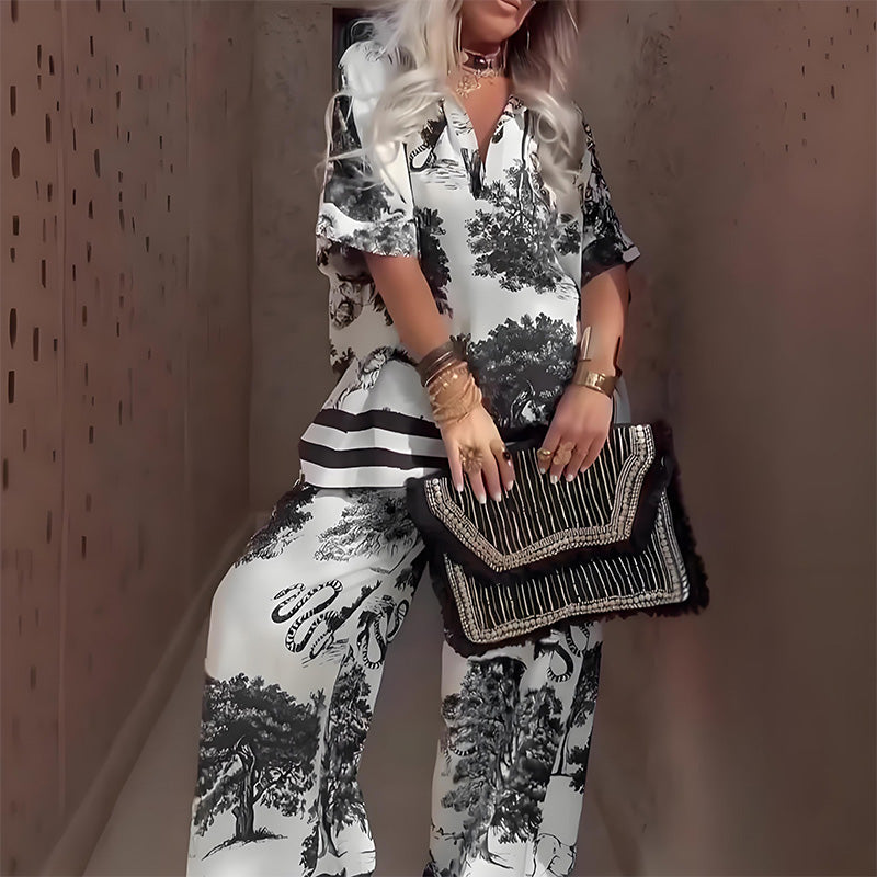 ELLACYN – PRINTED TOP WITH V-NECK  LONG PANTS