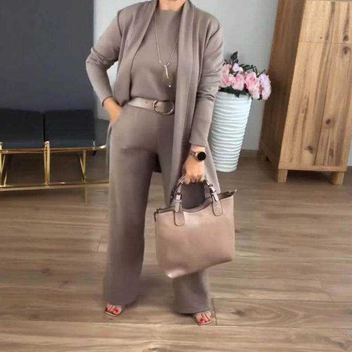 Three-Piece Cardigan Set – Long Cardigan, Top & Bottom Outfit for Elegant Everyday Comfort