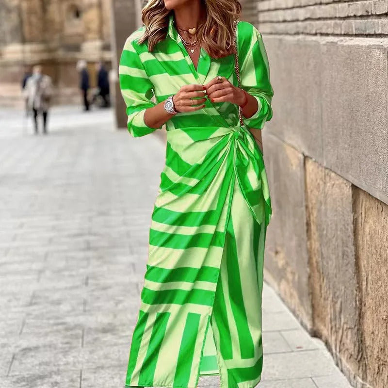 Zella - Fashion V-Neck Striped Lace-Up Midi Dress