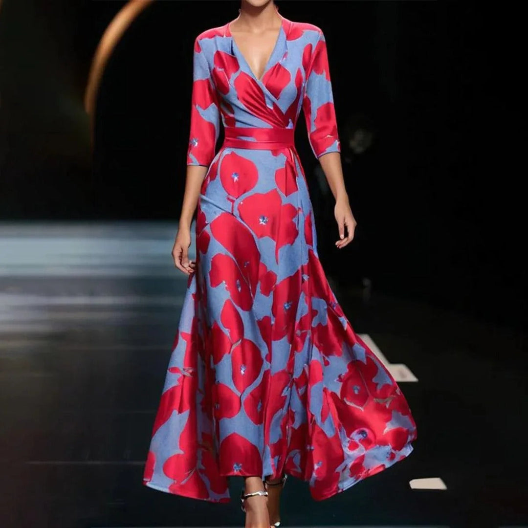 Emily - Printed High Waist Midi Dress with Mid Sleeves