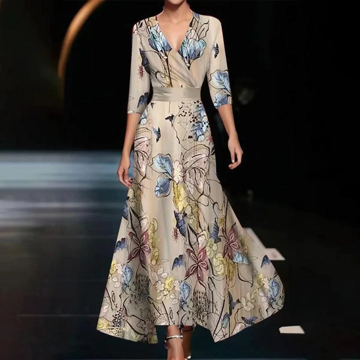 Emily - Printed High Waist Midi Dress with Mid Sleeves