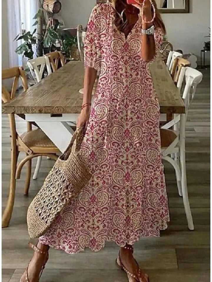 Andrea - Boho Vintage V-Neck Printed Dress