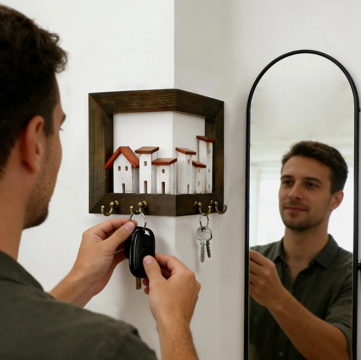 Rustic Wooden 3D Key Holder Wall Mounted – Farmhouse Wall Hooks for Home Décor